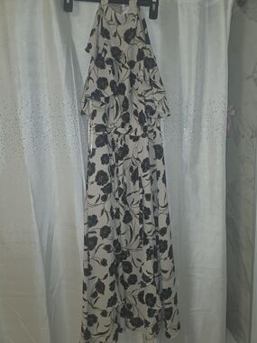 LC Lauren Conrad Runwsy Cream Floral Halter Dress with Navy and Gold Accents